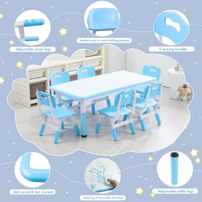 Kids Table and 6 Chairs Set with Graffiti Desktop, Toddler Furniture Set, Non-Slip, Table Children Study Desk, Dining Table, Height Adjustable Desk, Painting Desktop for Kids (47.2x23.6Inch)