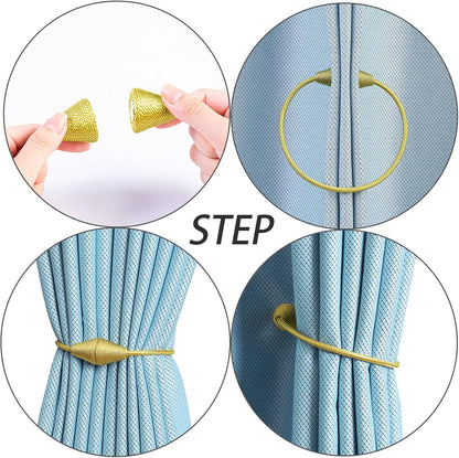 2 PCS Magnetic Curtain Tiebacks, European Style Convenient Drape Tie Backs Holdbacks for Thin or Thick Home & Office Window Draperies, No Tools Required-Gold Bright
