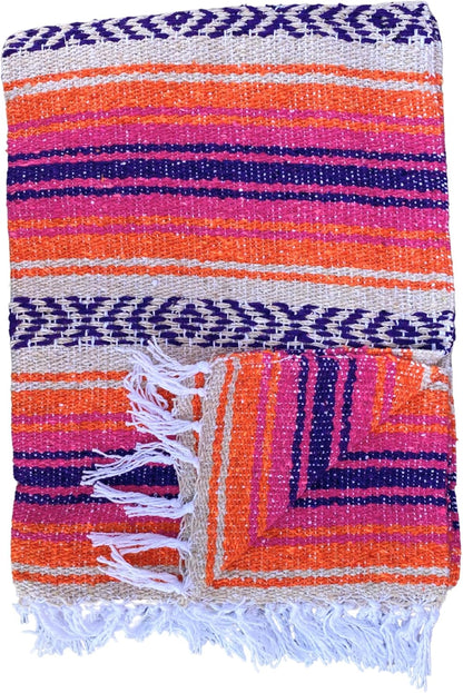 Del Mex Classic Mexican Blanket, Large Authentic Woven Falsa Throw (70"x50"), Artisan Southwest Décor for Beach, Yoga, Outdoors (Pink/Orange)