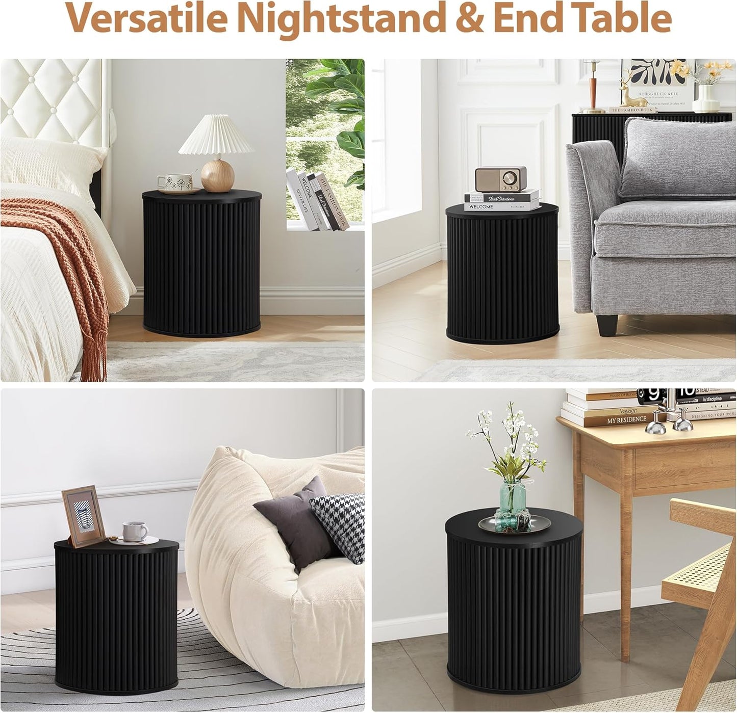 AVZEAR Small Round Side Table Fluted Night Stand Set of 2, Mid Century Modern End Table with Storage, Circle Bedside Tables Wood Nightstands for Small Spaces, Living Room, Bedroom (Black)