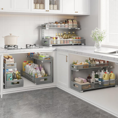 2 Pack 20.47IN Depth Under Sink Storage Organizer, Large 2-Tier Elegant Mesh Pull Out Shelf for Kitchen and Bathroom Cabinet Organization, L-Shaped and Adjustable Height Design-Gun Gray