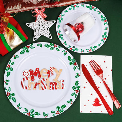 WDF 350pcs Christmas Plates and Napkins Set - Exquisite Holly Design - Christmas Dinnerware Set of 50 Christmas Plastic Plates 50 Red Silverware Set&Cups&Christmas Napkins