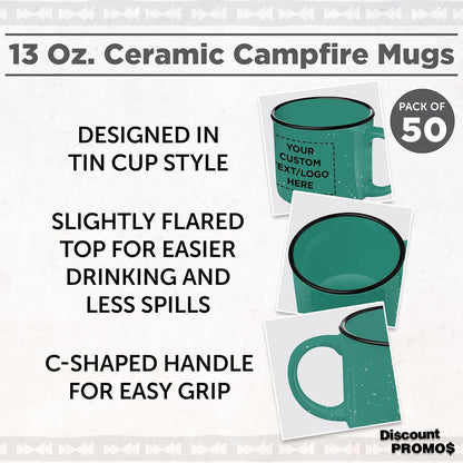 DISCOUNT PROMOS Custom Ceramic Campfire Coffee Mugs 13 oz. Set of 50, Personalized Bulk Pack - Perfect for Tea, Espresso, Cappuccino, Hot Cocoa - Mint