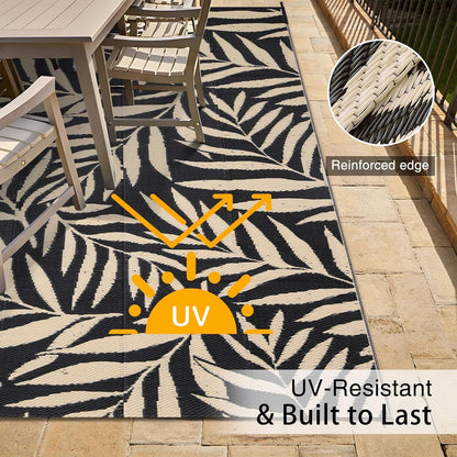 OLANLY Waterproof Outdoor Rug 5x8 ft, Reversible Outdoor Plastic Straw Rug with Leaf Pattern, RV Mat, Indoor Outdoor Carpet for Patio, Camping, Balcony, Deck, Backyard, Black & Beige
