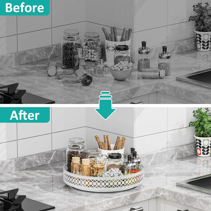 Ovicar Lazy Susan Organizer Turntable - 11 inch Rotating Spice Rack Metal Lazy Susan for Cabinet Pantry Kitchen Countertop Dining Table Cupboard Bathroom Refrigerator Vanity (11 inch White)