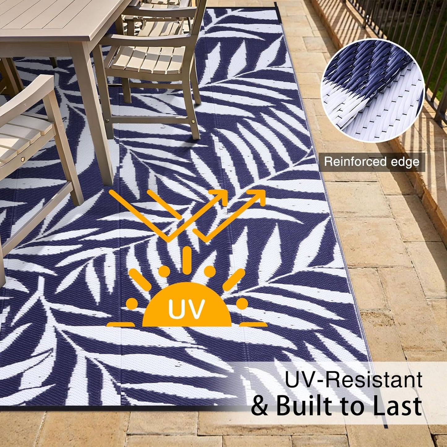 OLANLY Waterproof Outdoor Rug 9x12 ft, Reversible Outdoor Plastic Straw Rug with Leaf Pattern, RV Mat, Indoor Outdoor Carpet for Patio, Camping, Balcony, Deck, Backyard, Navy & White