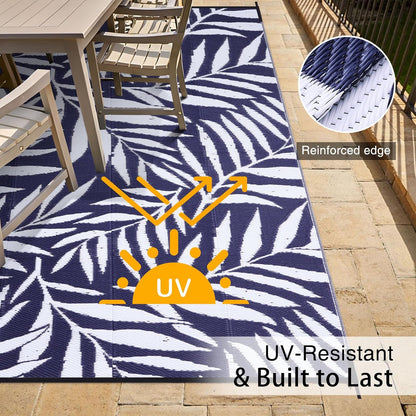 OLANLY Waterproof Outdoor Rug 6x9 ft, Reversible Outdoor Plastic Straw Rug with Leaf Pattern, RV Mat, Indoor Outdoor Carpet for Patio, Camping, Balcony, Deck, Backyard, Navy & White
