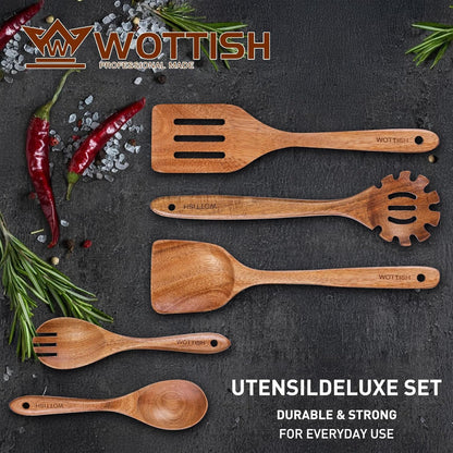 Wooden Spoons for Cooking - 5-Piece Wooden Kitchen Utensil Set made of Natural Solid Wood Material - Includes Salad Spoons, Spaghetti Spoon, Salad Fork, Flat Spatula,Slotted Spatula(A05)