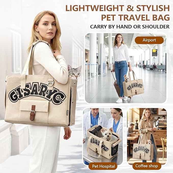 Dog Purse Carrier for Small Dogs, Cats and Puppies – Soft-Sided Foldable Pet Travel Bag with Multi Pockets, 3-Sided Mesh & Rollable Cover for Nervous Cats, Fits Pets up to 15 lbs (Beige)