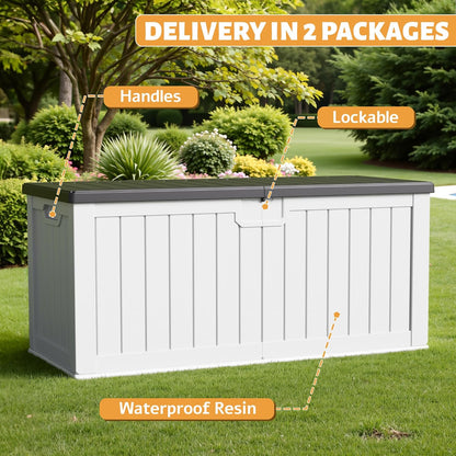Flamaker Resin Deck Box 250 Gallon, Waterproof Imitation-Wood Lockable Storage Box with Separator Plate Outdoor Indoor, Garden, Patio Furniture for Tools&Pool Accessories (White with Black Cover)