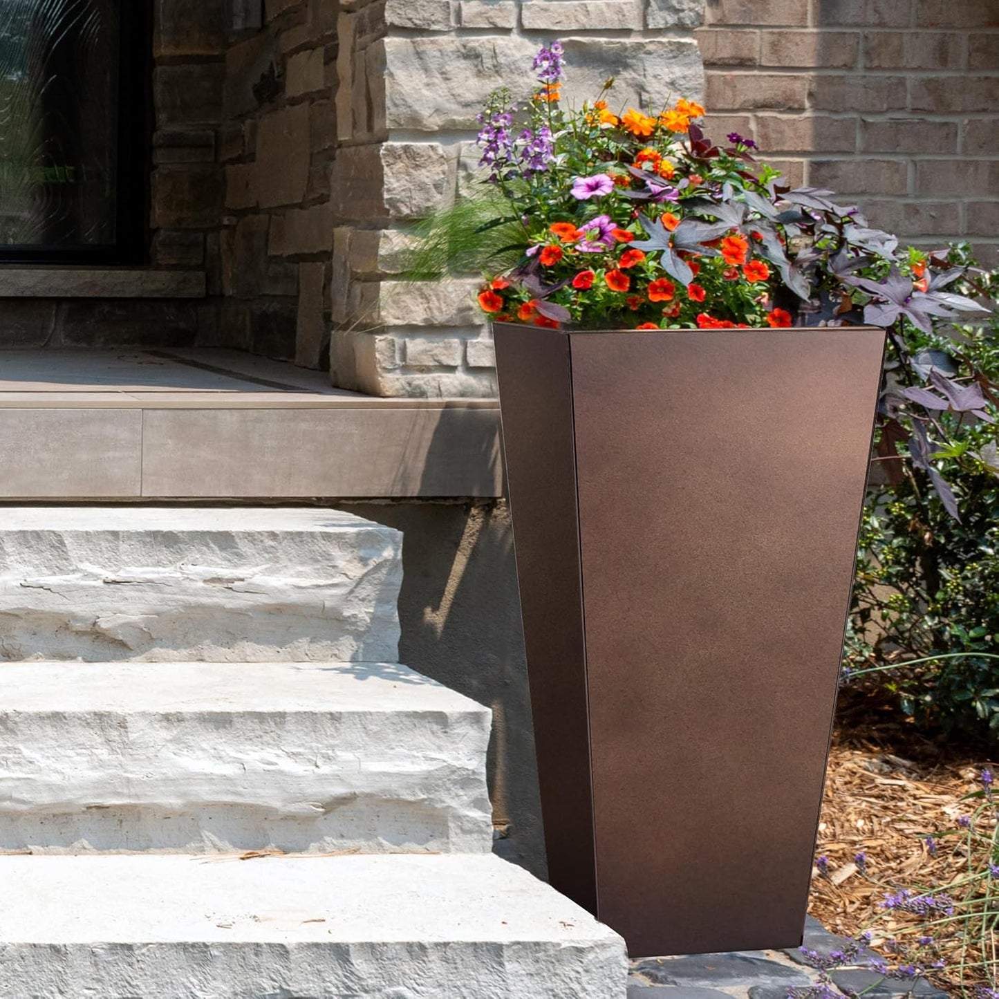 KOL 25''H. Tall Galvanized Steel Planter with Saucer, Set of 2, Planter Pots with Drainage Hole for Indoor & Outdoor Use, Decorative Flower Plant Pots for Front Porch, Patio, Deck - Rust Color