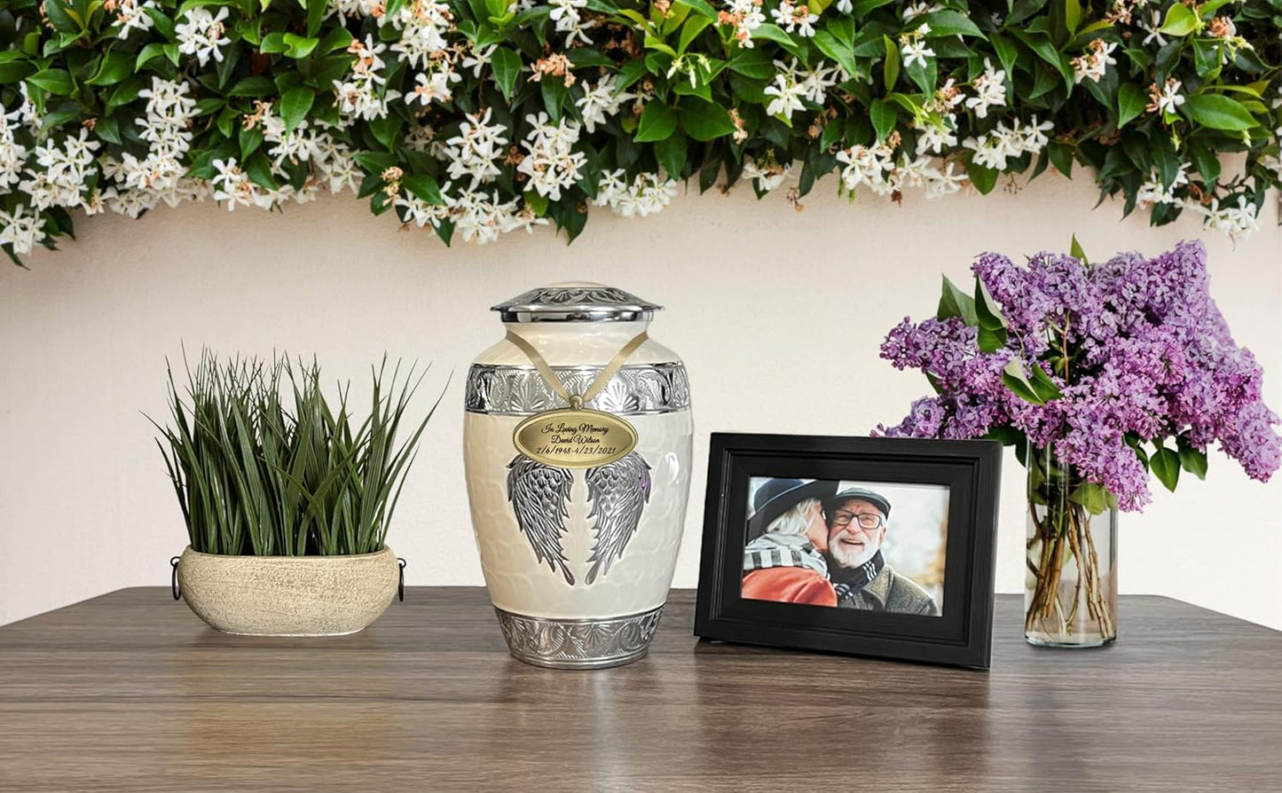 Personalized Engraved Name Tag for Urns - Customizable Plate for Cremation Urns - Engraved Hanging Plate in Golden or Silvery Tone with Satin Ribbon (Golden Pendant)