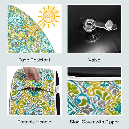 LVTXIII Inflatable Stool Ottoman Footrest with Handle, All Weather Foot Rest, Indoor or Outdoor Use for Home Patio Garden and Camping, D21 x H9, Damask Green