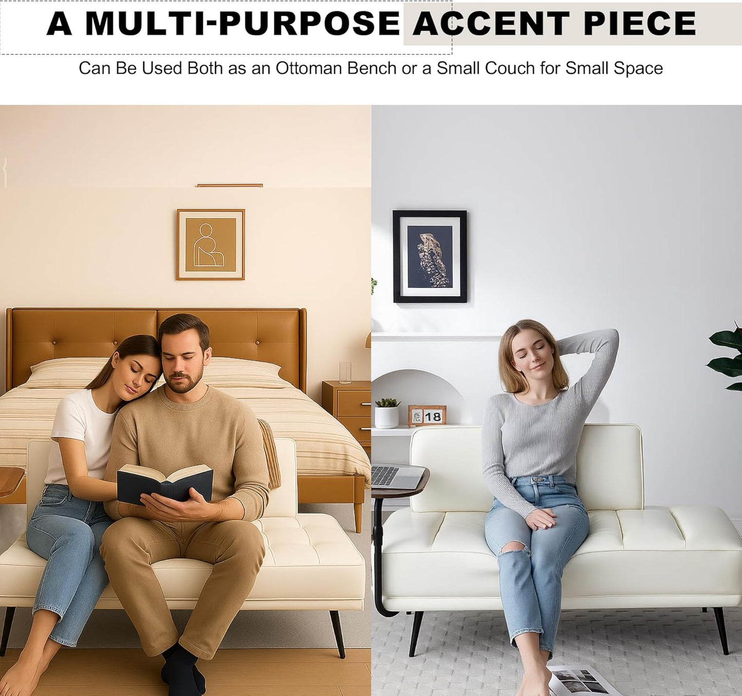 Sofa,Bed Bench,Small Spaces Furniture,Polyurethane Leather,Wood Frame,High Density Sponge Infillings,360-Degree Swivel Tray,Black Metal Leg (Beige)