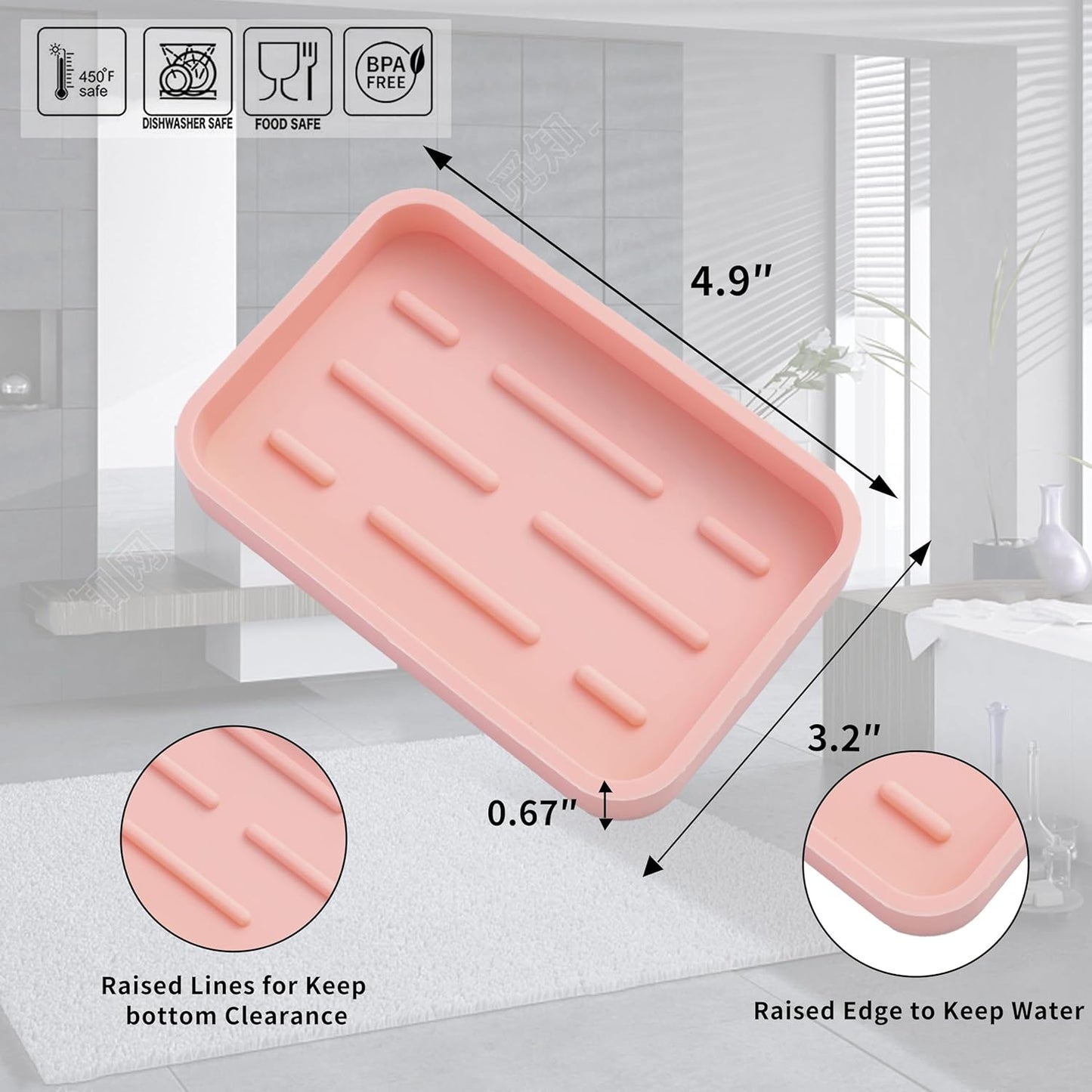 Silicone Kitchen Sink Organizer Tray for Multiple Usage,Easy Clean Sponges Holder for Kitchen Bathroom Counter or Sink,Dish Soap Dispenser,Scrubber,Bottle,Cup Pink 4.9”x 3.2”