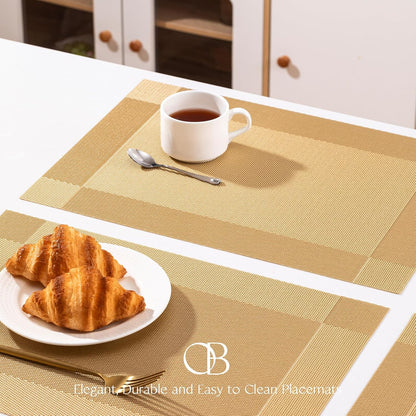 Placemats Set of 4 - Easy Clean Woven Vinyl Placemats for Dining Table, Indoor/Outdoor Place Mats, Washable PVC Table Mats（Gold Cube）