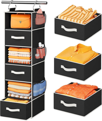 Pipishell Hanging Closet Organizer 6-Shelf, Hanging Shelves for Closet with 3 Removable Drawers & Side Pockets, Hanging Shelf Organizer for Bedroom or Garment Rack, 12'' x 12'' x 43.3'', Black