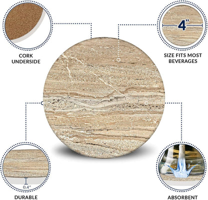 Emerson Coasters for Drinks Absorbent – Natural Stone Drink Coasters Set with Holder, Coasters for Coffee Table, Wooden Tabletop Protection Marble Style – 100% Heavy Duty Set of 6 (Sandstone)