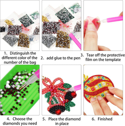 Yaomiao 17 Pieces Double Sided Diamond Art Christmas Ornaments Christmas Keychains Diamond Art Kit for Adult DIY 5d Painting Round Drill Key Chain Xmas Crystal Rhinestone Arts Craft Keychain Supplies