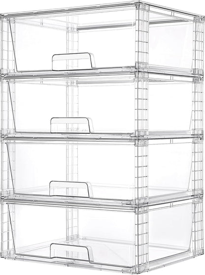 Vtopmart 4 Pack Large Stackable Storage Drawers,Easily Assemble Acrylic Bathroom Closet Undersink Organizers and Storage,Plastic Storage Bins for Kitchen Cabinets,Pantry,Makeup,Medicine Organization