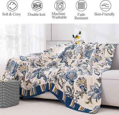 Snycler Boho Throw Blanket for Bed - 100% Cotton Ultra Soft Rustic Quilt - White Blue Floral Printed Farmhouse Decor Bed Blankets, 80"×90" All Season Rustic Throw for Sofa Couch Chair
