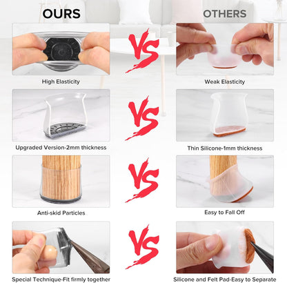 24PCS Upgraded Silicone Chair Leg Floor Protectors for Hardwood Floors, Furniture Sliders for Chair Legs, Felt Bottom Furniture Pads, Anti-Slip Round&Square Cap Covers to Scratch and Reduce Noise