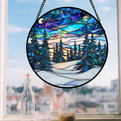 Stained Glass Window Hanging, Starry Sky Trees and Snow Sun Catchers Glass Panel Blue Suncatcher Decor for Birthday for Women, Men, Wife, Aunt, and Mom 14.9x14.9 in