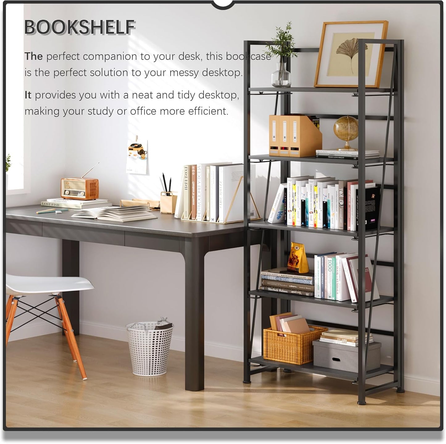 4NM No Assembly Foldable Bookshelf, 5-Shelf Collapsible Bookcase Storage for Small Spaces, 62.2" H, All Black