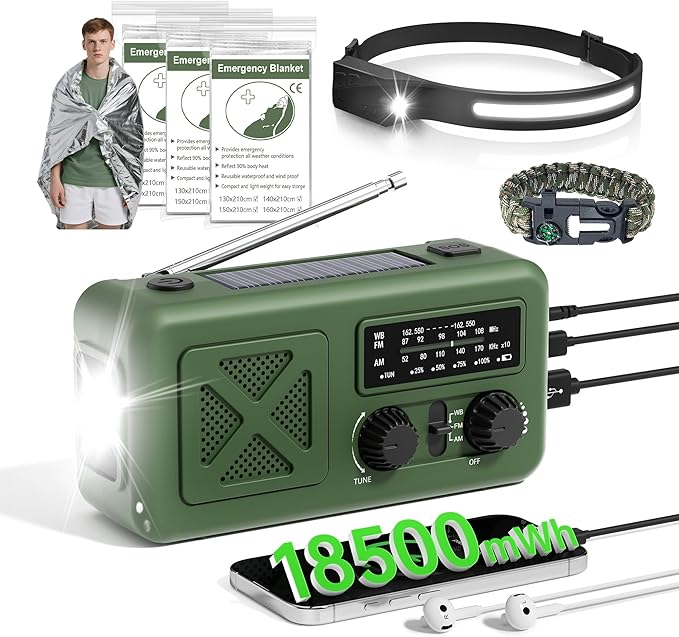 Emergency Radio Hand Crank Solar, 5000mAh/18500mWh Emergency Weather Radio, Solar Crank Radios with NOAA/AM/FM, Rechargeable Headlight, Thermal Blanket, Paracord Bracele, for Outdoor & Home