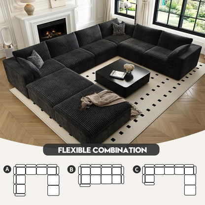 157.5" Cloud Couch Oversized Modular Sectional Sofa for Living Room,Modern Sofa with Deep Seat，8 Seater Boneless Couch with 2 Ottoman,Comfy Upholstered Couches for Apartment, Studio, Office,Black