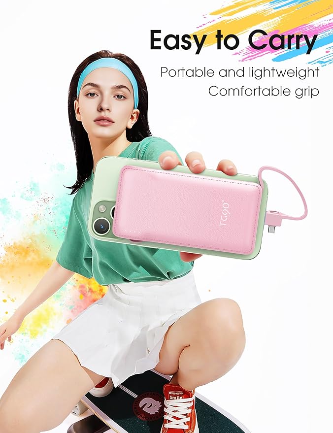 TG90° 10000mAh External Battery Pack with Built-in AC Wall Plug, Compact Cell Phone Portable Charger with Cables Power Bank Compatible with iPhone and Android Devices