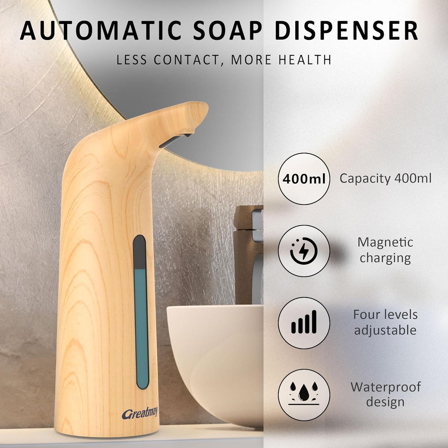 Convenient Automatic Soap Dispenser,4 Adjustable Levels Touchless Hand Sanitizer Pump with Infrared Sensor, 400 ml Countertop Electric Soap Dispenser for Bathroom,Kitchen