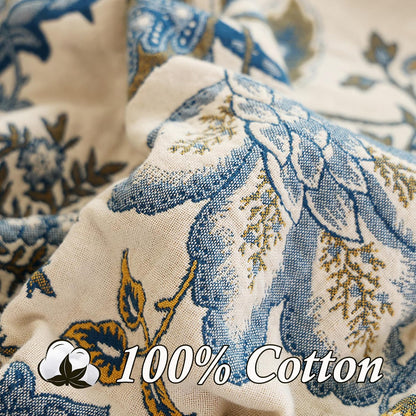 Snycler Boho Throw Blanket for Bed - 100% Cotton Ultra Soft Rustic Quilt - White Blue Floral Printed Farmhouse Decor Bed Blankets, 80"×90" All Season Rustic Throw for Sofa Couch Chair