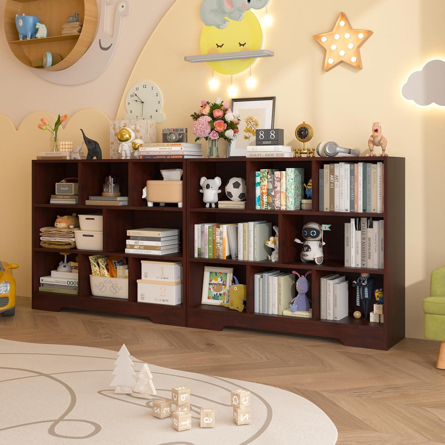 Book Shelf, 8 Cubes Storage Organizer, 3-Tier Open Shelf Wooden Bookcase, Freestanding Cherry Bookshelf Cube Shelf for Bedroom, Living Room, Home Office