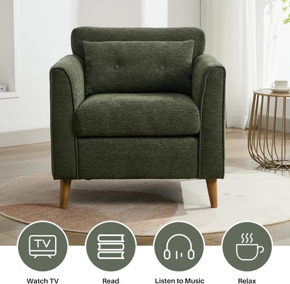 Modern Accent Chair with Wooden Legs Plush Fabric Armchair Cozy Reading Chair for Living Room, Bedroom, Study (Green Armchair)