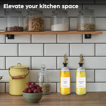 Olive Oil Dispenser Bottle - Includes 55 Kitchen Essential Labels - Cooking Oil Bottles for Kitchen, Coffee Syrup Dispenser - Pourer Spout with 16.9 fl oz Glass Container Cruet - 2pcs, Gold