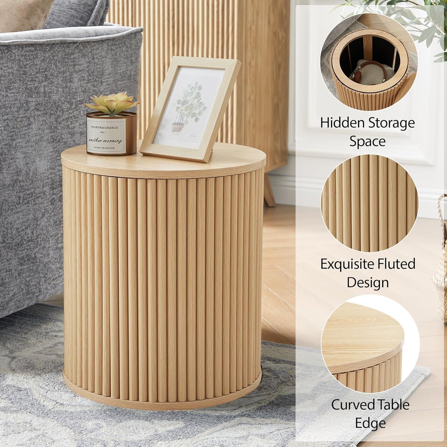 AVZEAR Small Round Side Table Fluted Night Stand Set of 2, Modern Boho End Table with Storage, Circle Bedside Tables Wood Nightstands for Small Spaces, Living Room, Bedroom (Nature)