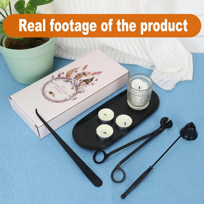 4 in 1 Candle Accessory Set with Storage Tray Plate, Premium Candle Wick Trimmer, Candle Snuffer, Wick Dipper & Storage Tray Plate with Gift Package, Ideal for Scented Candle Lovers (Black)