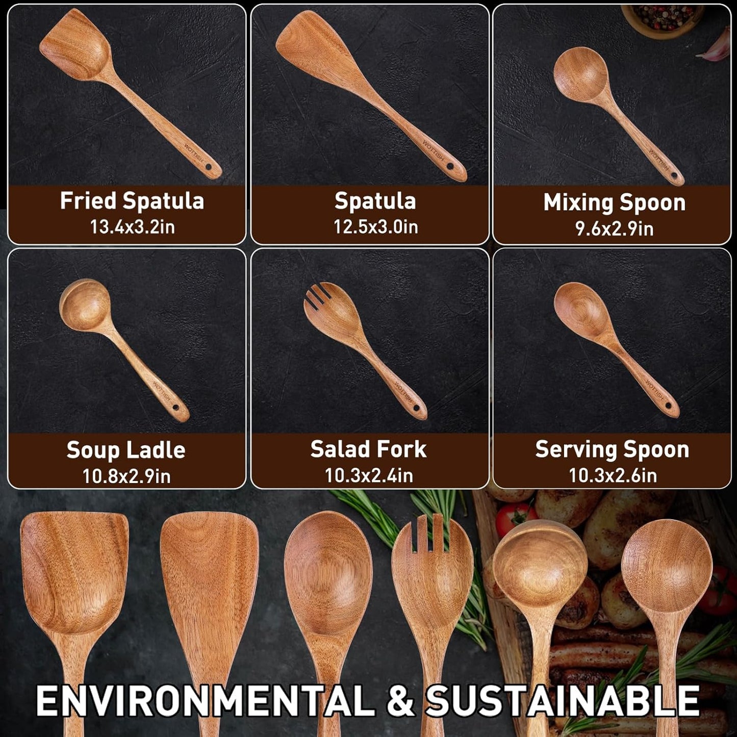 Wooden Spoons - Wooden Spoons for Cooking,Natural Wooden Kitchen Utensils Set Non Toxic,6-Piece Wooden Cooking Utensils(A06)