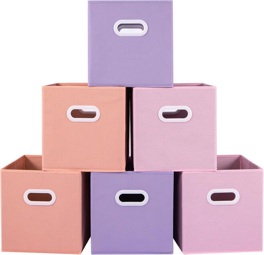 Stero Fabric Storage Cubes Bins, 13 inch Fun Colored Foldable Storage Baskets with Dual Plastic Handle for Home, Kids Room, Closet and Toys Organization, Multi Colored, Set of 6