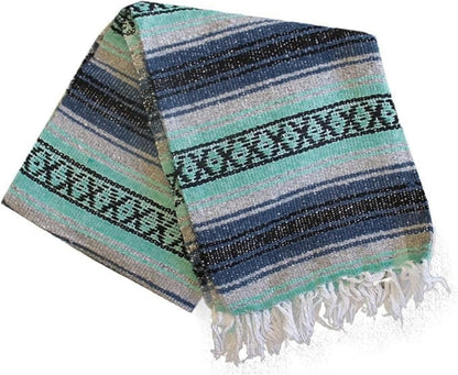 Del Mex Classic Mexican Blanket, Large Authentic Woven Falsa Throw (70"x50"), Artisan Southwest Décor for Beach, Yoga, Outdoors (Navy/Mint)