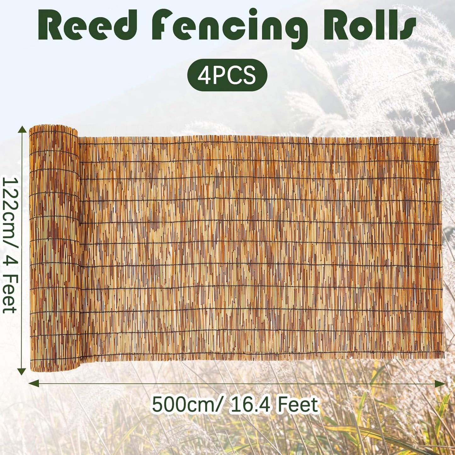 Barydat 4 Pcs 3 x 16.4 ft Bamboo Privacy Screen, Reed Fence Roller Patio Decorative Fences Reed Screen Curtain for Garden Backyard Patio Balconies