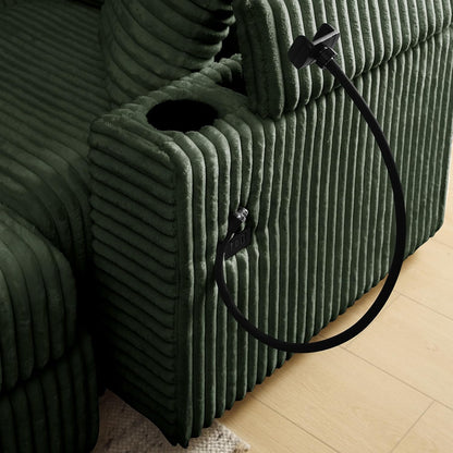 Modular Sectional Sofa Couch, Plush Corduroy Fabric Sectional Couches for Living Room with USB Charging Ports, Phone Holders, and Multi-Functional Storage Armrests (Green, 3set+1ottoman)