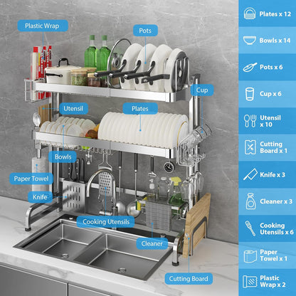 Over The Sink Dish Drainer Drying Rack, Full Stainless Steel 3-Tier Adjustable Length Over Sink Dish Drying Rack, Large Capacity Dish Rack Over Sink for Kitchen Counter, Pots & Pans Rack