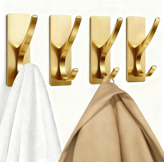 pickpiff Self Adhesive Coat Hooks for Hanging, Heavy Duty Stainless Double Wall Hook for Towel, Backpack, Hat, Sturdy Metal Hanger for Bathroom, Bedroom, Door, Wall Mounted, 4-Pack, Brushed Gold