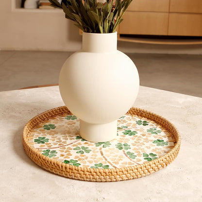 Round Rattan Tray with Mother of Pearl Inlay & Wooden Base - Decorative Wicker Serving Tray for Coffee/Bread/Fruits, Food Storage & Display - Multipurpose Home Decor (L,Four-Leaf Clover)