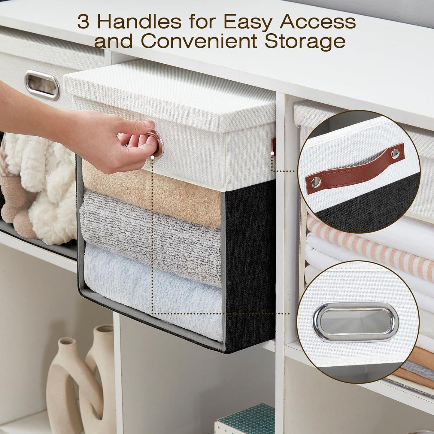 Fabric Storage Cubes with Clear Windows and Lids, 13'' Foldable Storage Bins with 3 Handles, Decorative Storage Boxes for Home, Bedroom, Closet, Office (Balck & White)