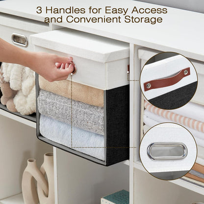 Fabric Storage Cubes with Clear Windows and Lids, 13'' Foldable Storage Bins with 3 Handles, Decorative Storage Boxes for Home, Bedroom, Closet, Office (Balck & White)