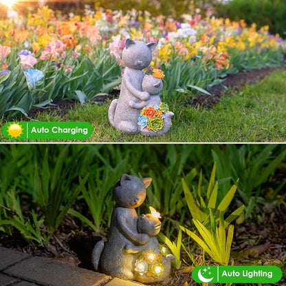 Solar Garden Statues Loving Cat Figurine Lights for Outside, Yard Decorations Outdoor, Garden Decor Unique Mothers Day Birthday Housewarming Gifts for Mom, Women