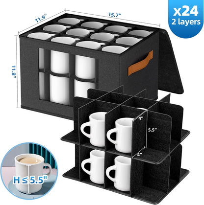 2-Layer Coffee Mug Storage Box with Dividers, Coffee Cup Storage Organizer with Zipper Lid and Handles, Stackable Mug and Cup organizer Service for 24 Coffee Mugs, Cups and Glasses, Dark Grey